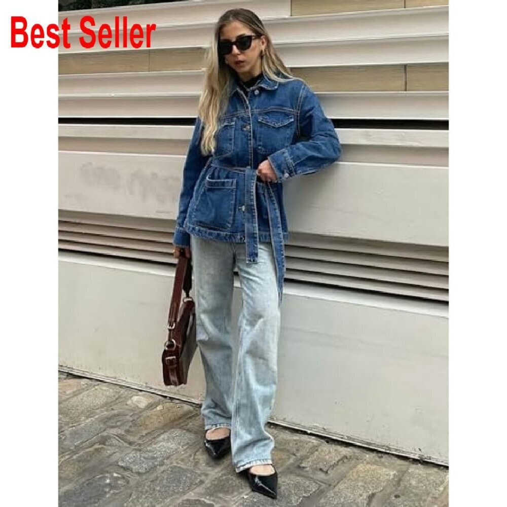 Oversized Denim Jacket Mid Long Classic Chic Trendy With Belt Pockets - Picture 4 of 7